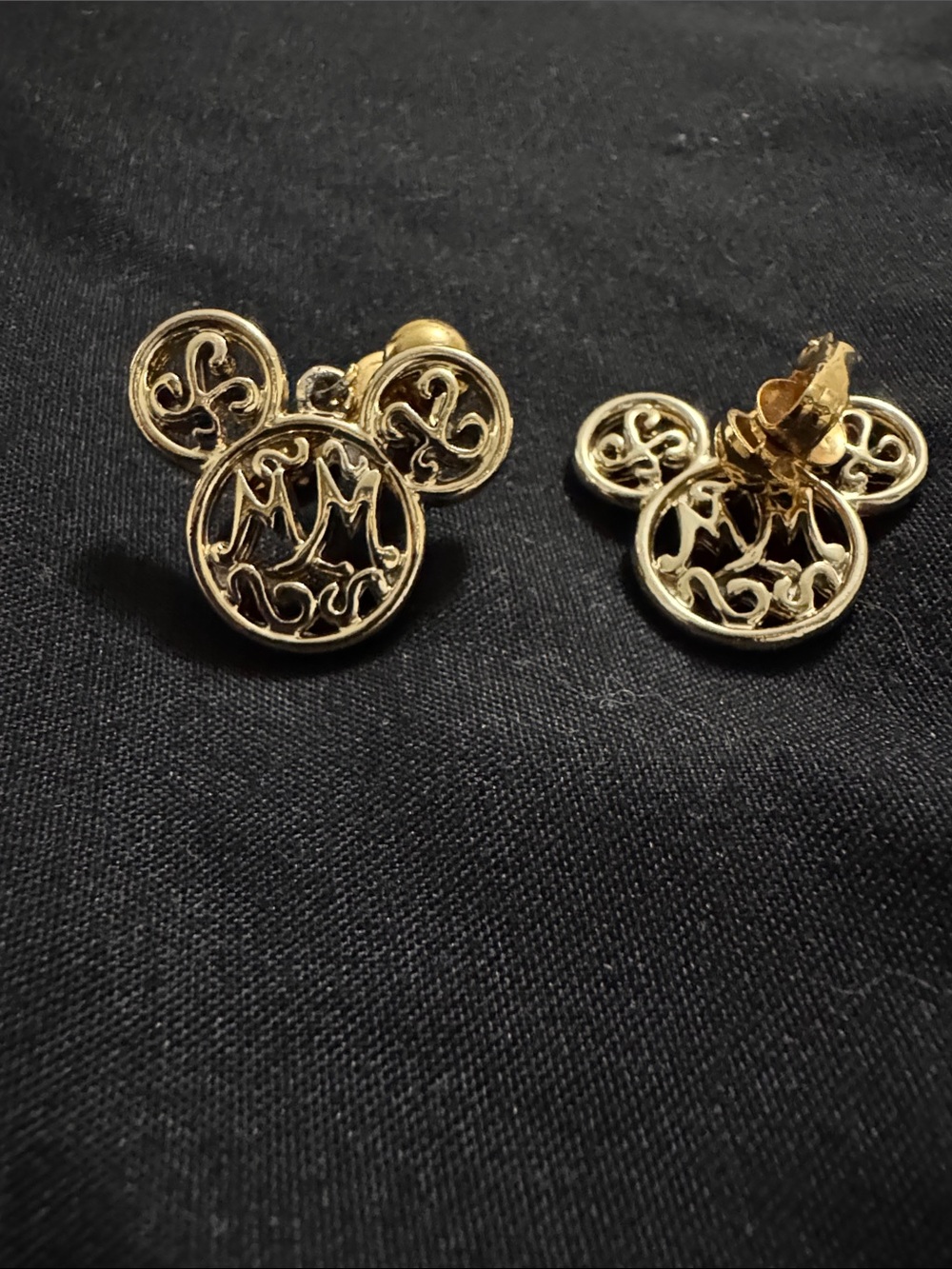 Gold Filigree Mickey-Style Stud Earrings - Unbranded